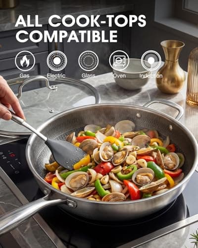 Tibbicc Wok Pan 12 Inch Non Stick Stainless Steel Woks & Stir-Fry Pans with Tempered Glass Lid, Stay-cooling Handle Non Toxic PFOA Free Chef's Pan, Dishwasher and Oven Safe All Cooktops Compatible - Thumbnail 6
