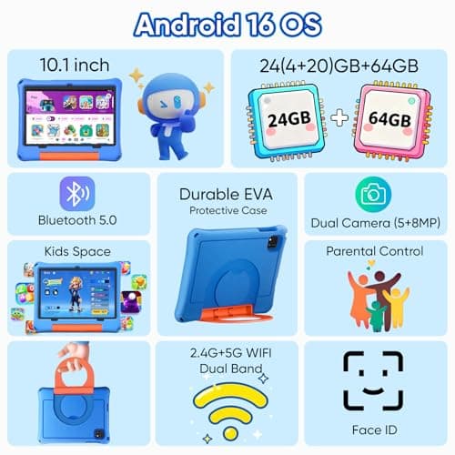 10 inch Kids Tablet, Android 16 Tablet for Kid, Octa-Core Processor, 24GB RAM, 64GB ROM 1TF Card Expandable for Toddler Children,Tablets with Case, Parental Control, 6000mAh, WiFi, BT5.0, Dual Camera - Thumbnail 2