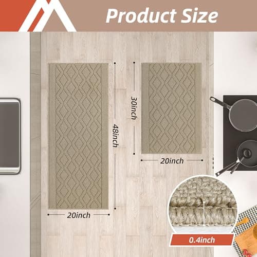 COSY HOMEER 48x20 Inch/30X20 Inch Kitchen Rug Mats Made of 100% Polypropylene 2 Pieces Soft Kitchen Mat Specialized in Anti Slippery and Machine Washable for Home Kitchen,Beige - Thumbnail 2
