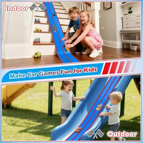 Flexible Race Track Toys for Kids, 15 Ft Flex Tracks Starter Set with Strong Suction Cups - Compatible with Hot Wheels and Diecast 1/64th Cars, Rolls up Portable Race Car Ramp Track (Red Blue) - Thumbnail 5