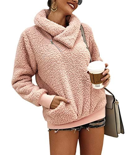 KIRUNDO Winter Clothing for Women Sherpa Pullover Fleece Zip Sweatshirt 2026 Fall Fashion Fuzzy Faux Shearling Warm Outwear(X-Large,Pink) - Image 1