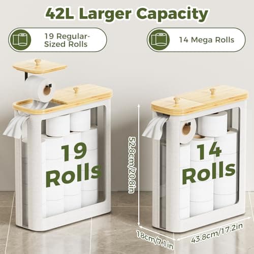 42L Toilet Paper Basket with Bamboo Lid, Toilet Paper Storage with Toilet Paper Holder & Non-Slip Mat for Bathroom Organizer, Holds up to 19 Regular Rolls or 14 Mega Rolls, Collapsible & Stackable - Thumbnail 2