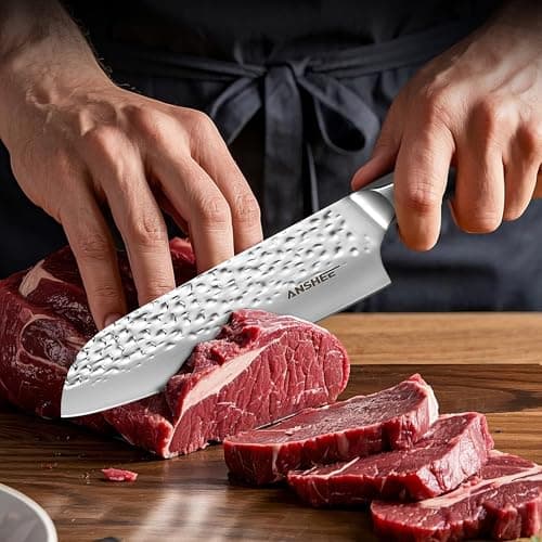 anshee 7 Inch Japanese Santoku Knife - Hammered Finish High-Carbon Stainless Steel Precision Cold Forged Chef Knife with Wood Handle, Multipurpose Kitchen Knife for Slicing Meat, Vegetables, Fruits - Thumbnail 3