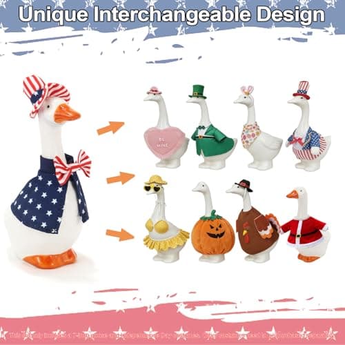 RAISLY 7 Inch Desk Goose with Patriotic Outfits，4th of July Decoration Ceramic Mini Porch Goose with Top Hat & Stars Outfit, Ideal for Tabletop Home Office Indoor Outdoor Decor - Thumbnail 6