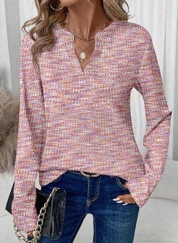 Dokotoo Long Sleeve Shirts for Women V Neck Waffle Knit Shirts for Women Trendy Dressy Tops Business Casual Outfits Fall Fashion 2026 Basic Tee Blouses Tunic Tops Pink Blouses L - Thumbnail 2