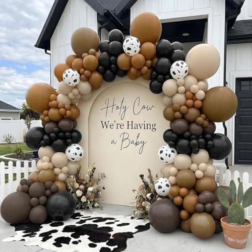 Double Stuffed First Rodeo Cowboy Balloon Arch Garland Kit, 105Pcs Western Theme Matte Black Brown Tan Sand & Cow Print Balloons for Baby Shower Birthday Boho Farm Wild Party