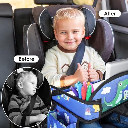 WENRENER Kids Travel Tray for Airplane - Toddler Car Seat Table Tray, Road Trip Essentials for Boys & Girls, Carseat Lap Desk for Kids Road Trip Activities,Blue Dinosaur - Thumbnail 2
