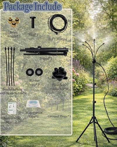 Upgraded 5.3FT Outdoor Misting System, Adjustable Stand with 360° Flexible Hose & 0.5mm Nozzles for Ultra Fine Mist, Patio Cooling Kit for Backyard, Pool, BBQ - Includes 26FT Hose & Tripod - Thumbnail 4