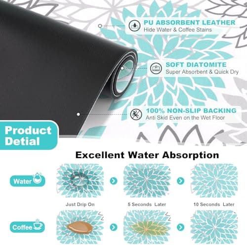 Findosom 2PCS 17" x 32" Dish Drying Mat & 24" x 5.5" Sink Splash Guard, Super Absorbent & Cuttable Dish Mat Drying Kitchen Mat with Teal Floral, Hide Stain Drying Mat for Kitchen Counter - Thumbnail 5