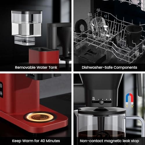 Kismile Drip Coffee Machine,SCA Certified Coffee Maker,Pour Over Coffee Brew with 3s Instant Heat 197-205℉, Adjustable Flow Control, Deep Cold Brew & Keep Warm 40 Min, Easy to Clean (Red) - Thumbnail 4