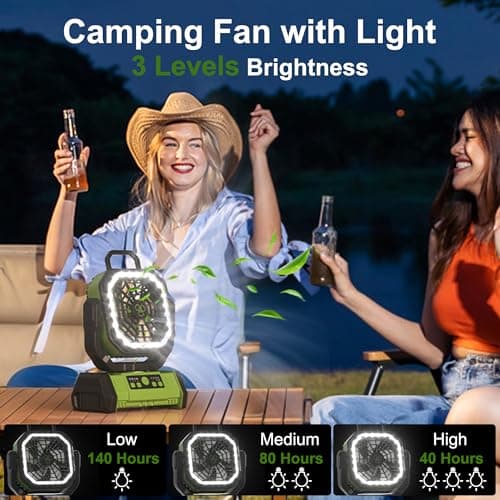 Honesorn Portable Rechargeable Fan 20000mAh, Camping Fan with LED Light & Remote, USB C Cordless Battery Powered, 4 Speeds Timer Hanging Hook for Travel Tent Outdoor Essentials - Green - Thumbnail 3