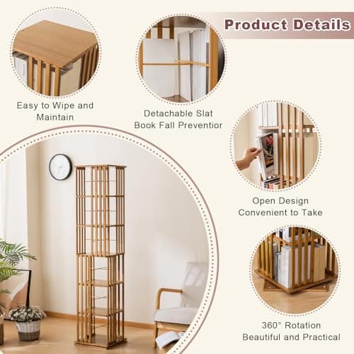 Bamboo Rotating Bookshelf Tower, 360° Spinning Bookcase, 6-Tier Narrow Floor Standing Storage Rack for Corner, Office, Room,Brown - Thumbnail 4