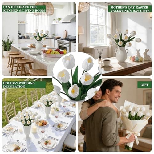 LILUYTO White Fake Tulips,18.5" PU Artificial Tulips Flowers for Spring Easter Home Kitchen Wedding Bouquet Bulk Mother's Gift Day Decorations - Thumbnail 6