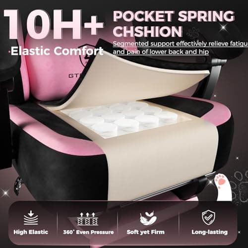 GTPOFFICE Cute Gaming Chair with Cat Ears,Ergonomic Computer Chair with Footrest Cat Paw Lumbar Support Comfortable Reclining Game Chair Desk Chair for Adult Teens, Soft Fabric, Pink Black - Thumbnail 4