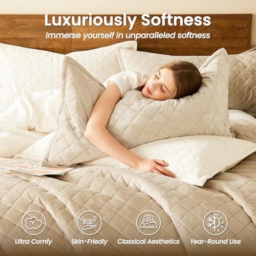 L'AGRATY Velvet Quilt King Size: 3-Piece Reversible Luxury Velvet Bedding Comforter Set - Lightweight Oversized Quilted Bedspread Coverlet with 2 Pillow Sham for All Season - Light Taupe Quilt - Thumbnail 3