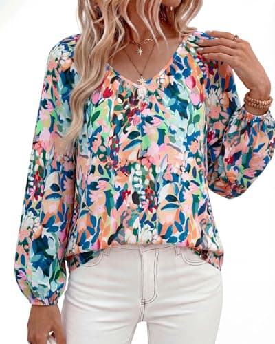 Zenlonr Women's Summer Tops Dressy Casual 2026 V Neck Satin Silk Printed Shirts Boho Long Sleeve Work Blouses(Floral Blue Green,Large) - Thumbnail 2