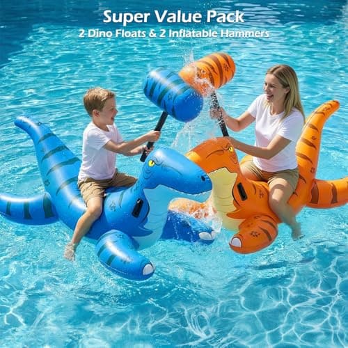 Jasonwell Pool Games Toys Floats -2Pack Inflatable Dinosaur Pool Floats with Blow Up Toy Hammers Ride on Pool Floaties for Kids Teens Adults Lounge Raft Summer Lake Beach Party Decorations (BU&Org XL) - Thumbnail 3