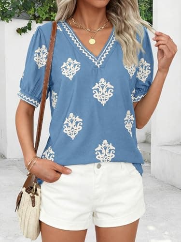 BTFBM Casual Summer T Shirts Going Out Tops for Women Beach Vacation Clothes Short Sleeve Blouses V Neck Boho Tunicss(Light Blue Apricot Flower,XX-Large) - Thumbnail 3