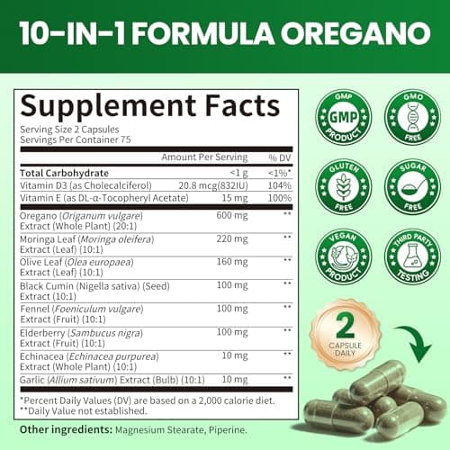 2PCS Oil of Oregano with Black Seed Oil - Oregano Oil Capsules Organic | Moringa, Garlic, Olive, Elderberry, Echinacea, Fennel - 95% High Carvacrol Oregano for Immune, Digestive Support - 300 Capsules - Thumbnail 2