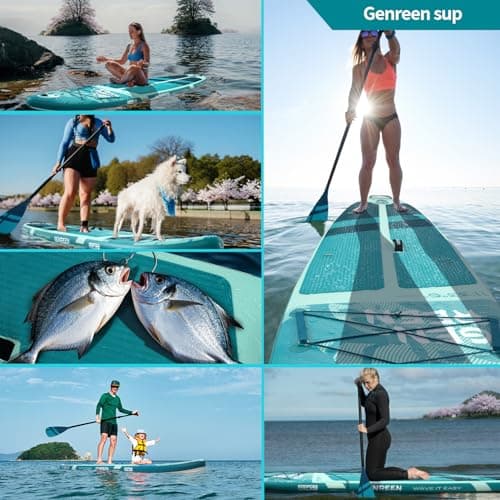 Genreen Stand up Paddle Board Inflatable SUP Board 11'33"6" 400LBS Capacity with EVA 0.5cm 4 Grips 3 Fins for Japanese Customers Ultra Stable Paddleboard (Monstera Powder Blue) - Thumbnail 6