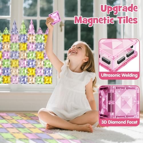 Magnetic Tiles for Kids Ages 4-8, Magnetic Blocks Travel Set with Diamond Surface & Metal Storage Box, 60PCS STEM Learning Toys, Educational Building Gifts for 3-8 Year Olds - Thumbnail 5