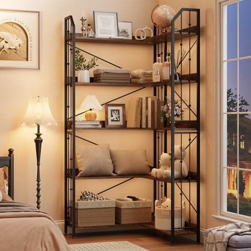 GarveeHome Corner Bookshelf 72" L Shaped Bookcase, Corner Bookshelves Industrial Bookcase 5 Tier L-Shape Bookshelf, Large Bookcases with Beaded Design Tall Display Rack Shelf for Living Room Bedroom - Thumbnail 5