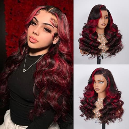 RUOXUAN Red Burgundy Ombre 9x6 Highlight Glueless Lace Front Wig Human Hair Body Wave Red Balck Colored Wigs Human Hair 9x6 HD Lace Frontal Wigs 200 Density Pre Plucked For Women 18 Inch
