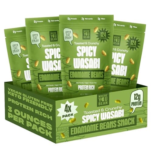 Where You Bean Edamame Beans Snack (Spicy Wasabi) - Crunchy and Dry Roasted Edamame Beans - High Protein Snacks, Keto and Vegan Healthy Snacks for Adults & Low Carb Asian Snack 3 oz (Pack of 4)