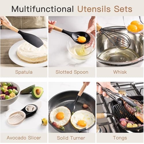 Astercook 39 PCS Kitchen Utensils Set, Silicone Cooking Utensil Sets with Wooden Handle, 446°F Heat Resistant Food Grade Spatula Set, BPA Free Kitchen Gadgets Tools Set & Spoons for Nonstick Cookware - Thumbnail 6