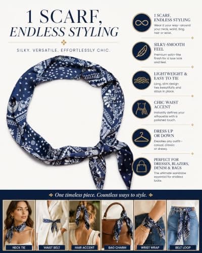 rgwtgkyh Silk Nautical Scarf Belt for Women Dark Blue Paisley Soft Decorative Waist Sash for Jeans Elegant Formal Prom Dress Waistband Western Boho Accessory - Thumbnail 6