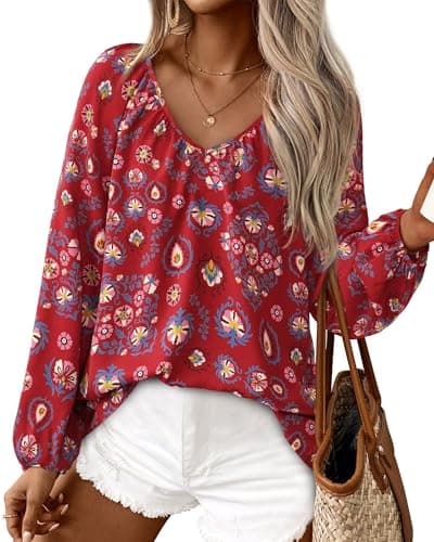 Zenlonr Womens Fall Tops Dressy Casual 2025 V Neck Satin Silk Printed Shirts Boho Long Sleeve Work Blouses(Floral Wine Red Blue,Large) - Image 1