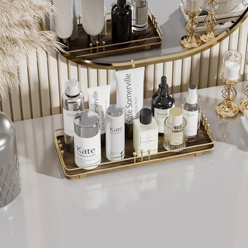 Pursura Bathroom Vanity Tray for Countertop Toiletries Perfume Makeup Soap Dispenser Toilet Tank, Kitchen Tray for Salt Spice, Decor Tray for Candle Nightstand Coffee 11.3”x 4.4” Brown-Gold - Thumbnail 3