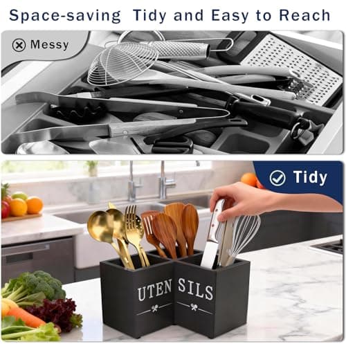 Natheeph Utensil Holder, Kitchen Utensil Holder for Counter, Extra Large Utensil Holder w/ 3-Compartment, Farmhouse Black Utensil Holder with Well-made Wood for Corner Organizer, Housewarming Gift - Thumbnail 6