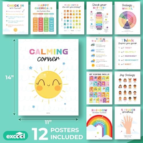 Excool Club 12pcs Toddler Calming Corner Posters For Classroom Decor - 11x14" Feelings Chart For Kids, Calming Posters For Kids Calm Down Corner Supplies, Emotions Poster Classroom Must Haves For Teacher - Thumbnail 2