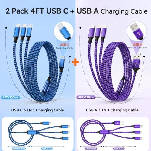 USB A + USB C Multi Charging Cable, 3 in 1 Chargers for Multiple Devices, Universal Charger with Multiple Connectors —Type C, IP, Micro USB Cable for iPhone17/16/15/14, iPad, Galaxy, Kindle(2Pack 4FT) - Thumbnail 2