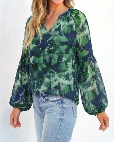 BTFBM Blouses for Women Dressy Casual Floral Summer Boho Tops V Neck Lightweight Long Sleeve Shirts Fall Clothes 2026(Print Green, XX-Large) - Thumbnail 6