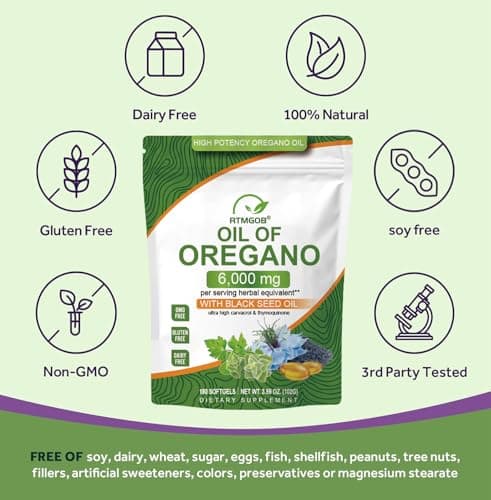 RTMGOB Oil of Oregano Softgels with Black Seed Oil Supplements,2 in 1 Oregano Supplement for Immune Health |Retains High Concentrated Carvacrol & Thymoquinone,Non-GMO-180 Softgels - Thumbnail 3