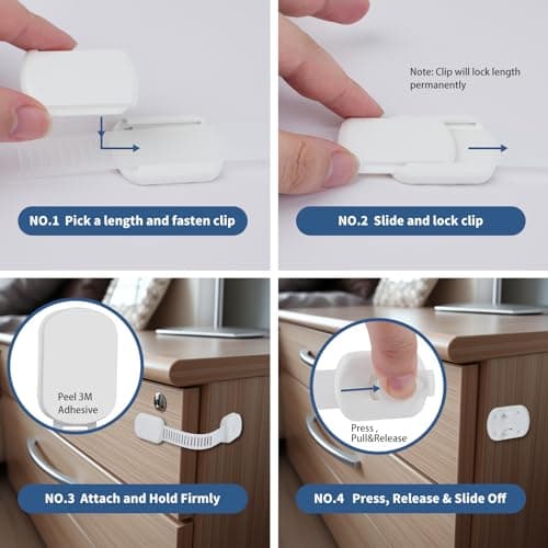 8-Pack Baby Proofing Cabinet Locks, Adjustable Adhesive Strap Latches for Drawer, Cupboard, Oven, Fridge, Toilet Seat - No Drill Child Safety Lock Kit, Easy Installation - Thumbnail 5