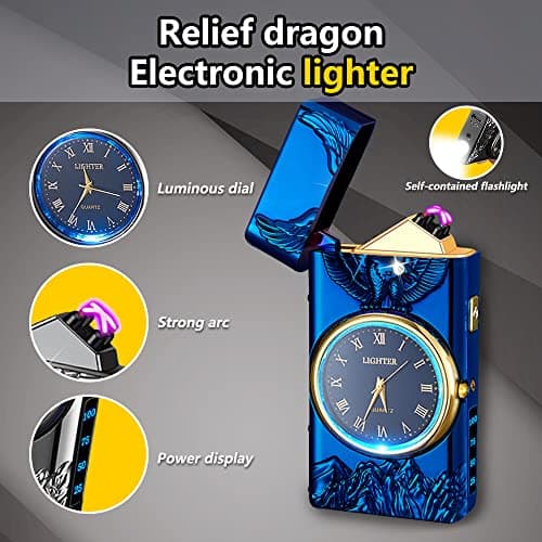 RSBYE Watch Electric Dual Arc Plasma Lighter, USB Rechargeable With Battery Display, Clock & Flashlight - Unique Gift for Men and Women (Eagle Blue) - Thumbnail 3