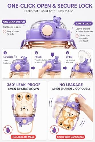 DegoCython Bear cup, 31.5 Ounce BPA-Free Food Grade Plastic Cup, Drop-Resistant Leak-Proof Dual Seal, Removable Straw with Portable Handle, Adjustable Strap for Kids Daily Use, School & Travel - Thumbnail 3
