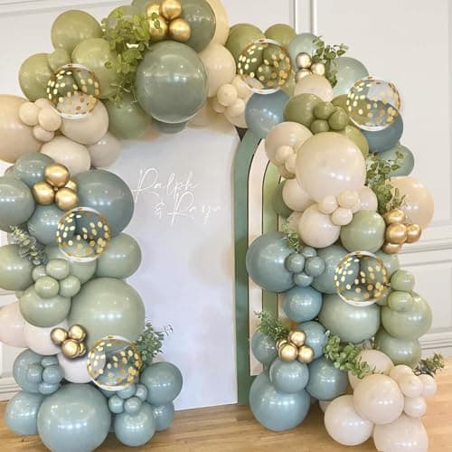 Dusty Green Blue Balloon Arch Kit - 139 PCs Sage Green Blue Sand White Gold Confetti Balloons for Bridal Shower Birthday Jungle Safari Wedding Baby Shower Party Decorations - Image 1