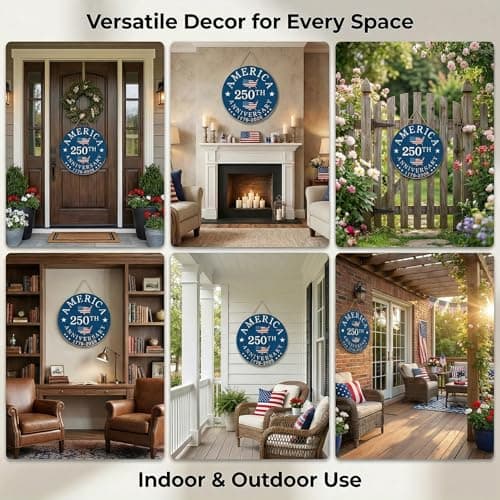 2 Pack 250th Anniversary Door Signs, 11.8" Patriotic 4th of July Decor Set, 1776-2026 America Independence Wooden Hangers, Front & Back Door Wreath Hanging Sign for Home Porch Outdoor Decor - Thumbnail 2