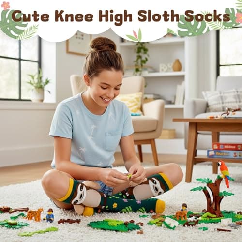 FunisFun Crazy Socks for Kids Girls Knee High Sloth Animal Socks Ideal Sloth Gifts for Girls Teens Women Birthday (US, Alpha, One Size, Regular, Green&Yellow) - Thumbnail 3