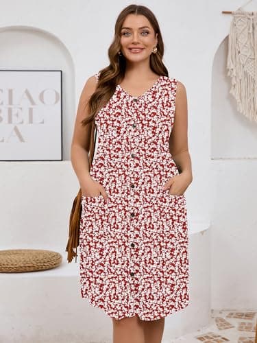 AusLook Plus Size Women Summer Dress Sleeveless V Neck Casual Cute Loose Sundress Maple Leaf 1X Comfy Swing Button Down Midi Work Flowy Tunic Ladies Beach Vacation Teacher Dresses with Pockets - Thumbnail 3