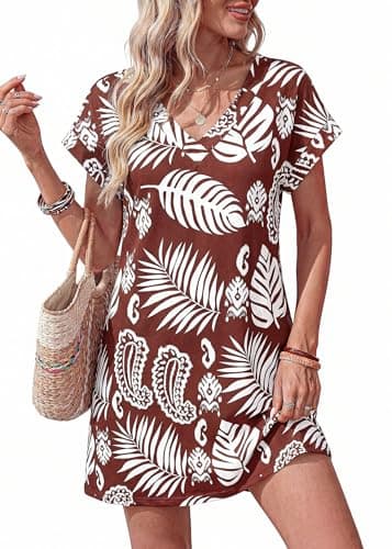 KIRUNDO Summer Dresses for Women 2026 Beach Sundress Spring Casual V Neck Boho Floral Vacation Outfits Cruise Resort Wear(Brown White Flower, X-Large) - Image 1