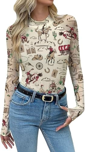 Mesh Long Sleeve Shirts for Women See Through Graphic Tees Sexy Costumes Y2k Mock Christmas Party Outfits Western Rodeo Tops - Image 1