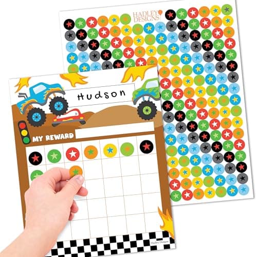 Sticker Chart for Kids Behavior at Home & Classroom - 25 Reward Chart for Kids Incentives, Gold Star Sticker Sheets, Monster Truck Incentive Charts for Classroom Must Haves