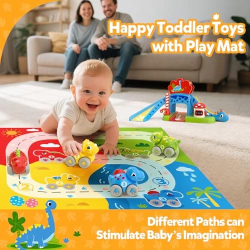 Toddler Toys for 1 2 Year Old Boy Gifts - Educational Dinosaur Slide Set with 4 Color/Number Push Cars and Playmat, Montessori Learning Toy for Baby 12-18 Months, 1st Birthday Present Ages 1-2, Red - Thumbnail 4