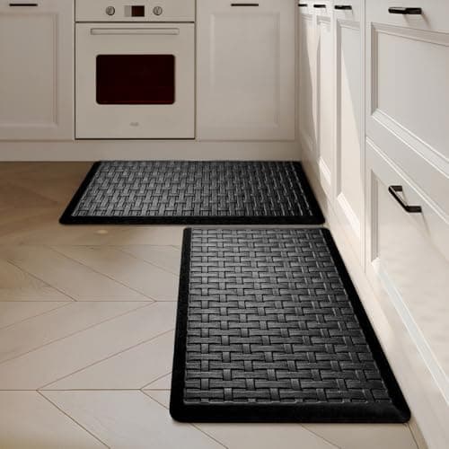 UKISS 2PCS Kitchen Rugs, Cushioned Anti Fatigue Kitchen Mats for Floor, Waterproof Kitchen Rug，Non-Slip Comfort Standing Mat for Kitchen (Black, 17.3"x28"+17.3"x28") - Image 1