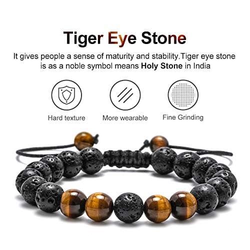 M MOOHAM Beaded Bracelets for Men - Gem Semi Precious Gemstone Round Bead Black Lava Rock Tiger Eye Adjustable Bracelet Men Gifts - Thumbnail 4
